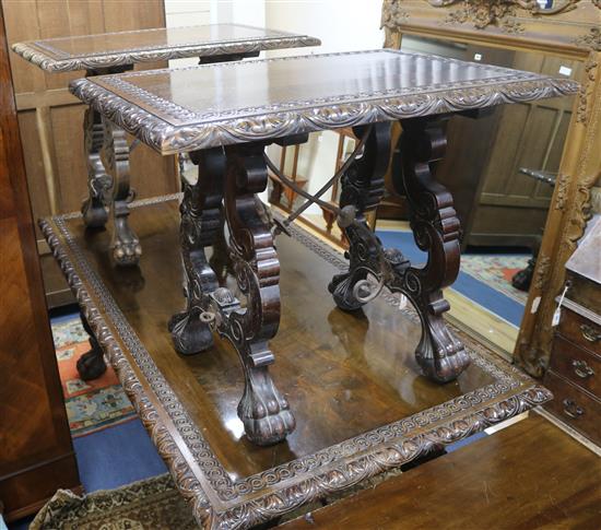 A suite of three Spanish carved walnut centre tables, 19th century, W.198cm, 97cm and 96cm